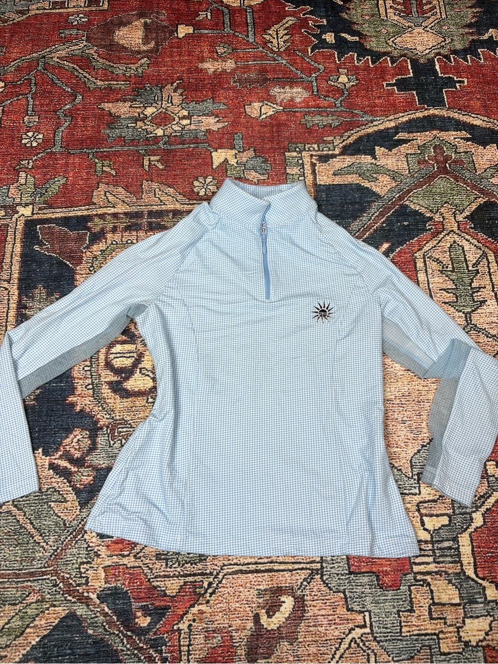 Girls S 5/6 IBKUL Light Blue Gingham zip pull over activewear top upf spf